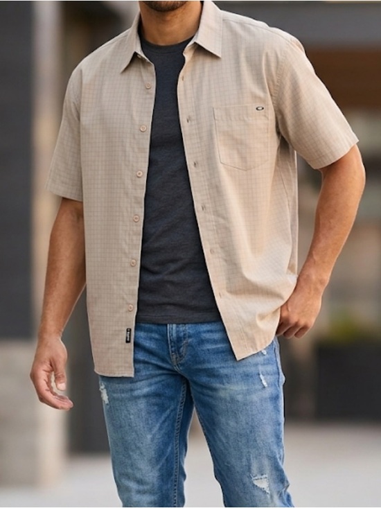 Oakley Other - Oakley Men's Tan Grid Button Down Short Sleeve Shirt Size XL Regular Fit